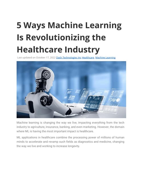 5 Ways Machine Learning Is Revolutionizing The Healthcare Industry Pdf