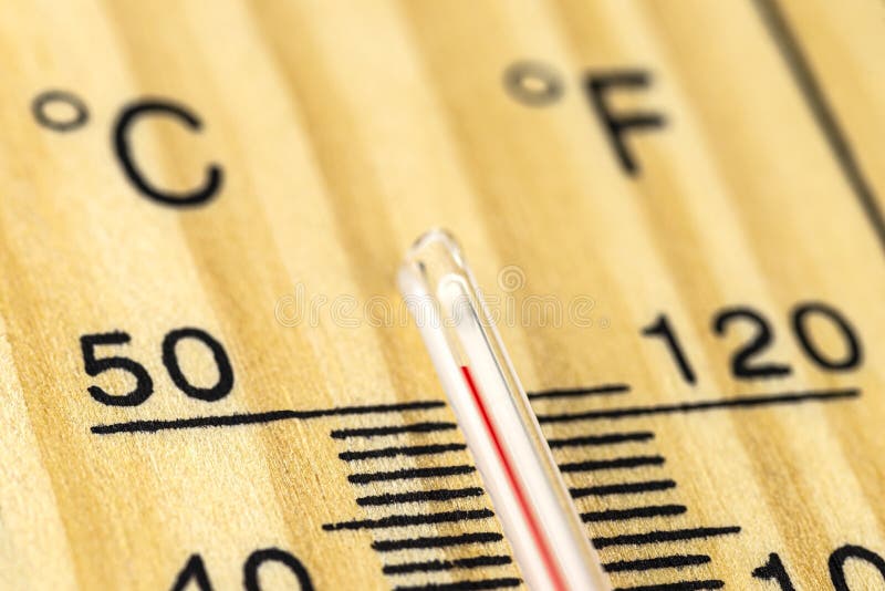 A Macro Shot Of A Classic Wooden Thermometer Showing A Temperature Of