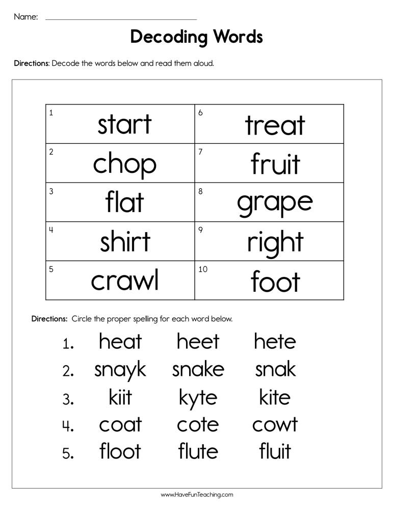 Decoding Worksheet For Kids